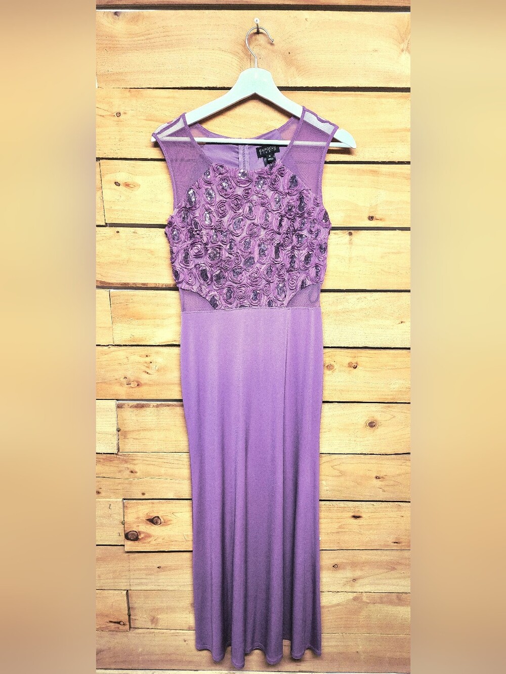 Enfocus Studios Purple Rosette Mesh Sleeveless Maxi Dress Sz 8 Bridesmaid Formal